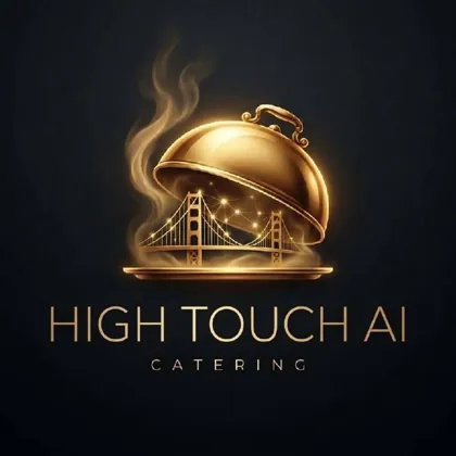 High Touch Catering logo featuring a serving cloche, Golden Gate Bridge, and neural network motif